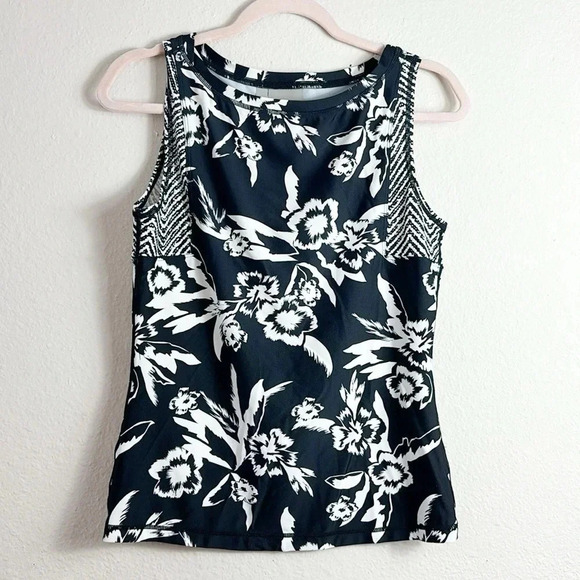 Athleta Molokai Rash Guard Cover Up Swim Tank Top Black White Print size small - Picture 2 of 8